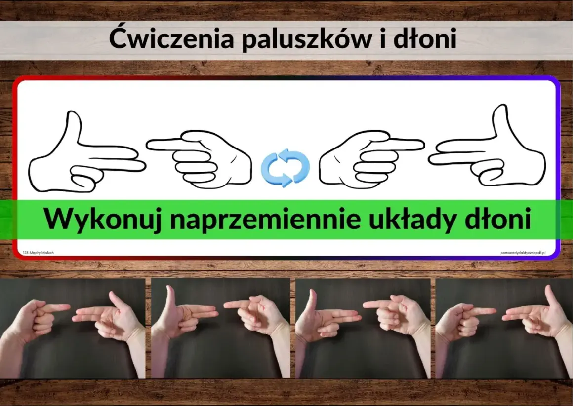 Ćwiczenie chwytu: naprzemienne układy dłoni, pokazane na rysunkach i zdjęciach.