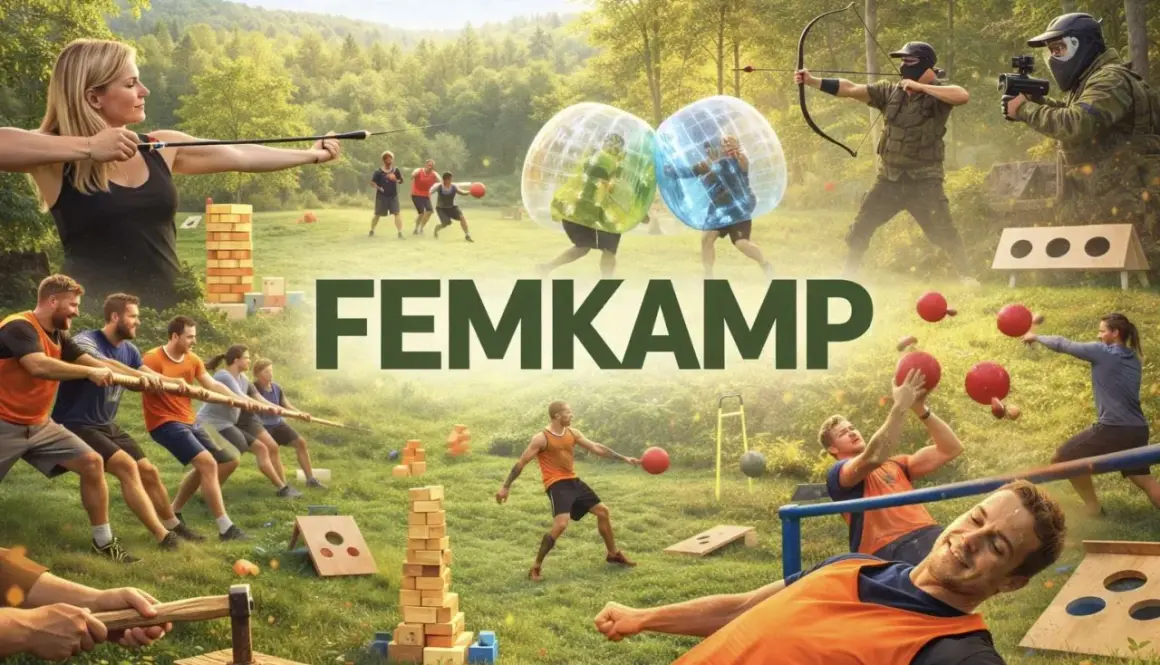 En grupp människor deltar i en femkamp fest med aktiviteter som bågskytte, dragkamp och bollkastning.