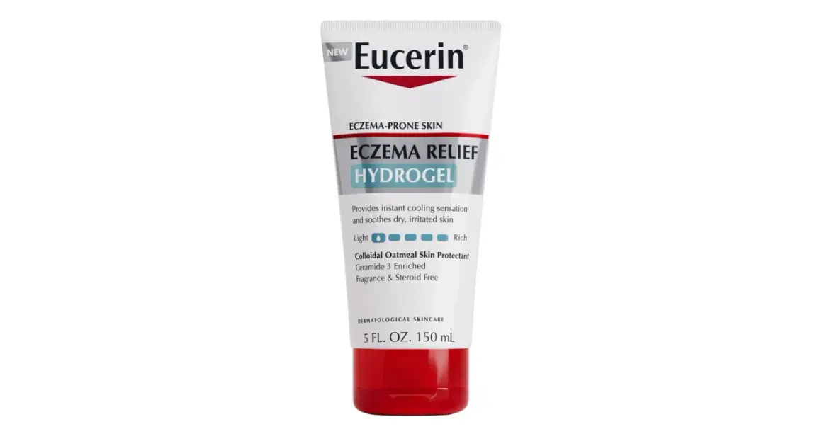 Biała tubka kremu Eucerin Eczema Relief Hydrogel z czerwonym zamknięciem.