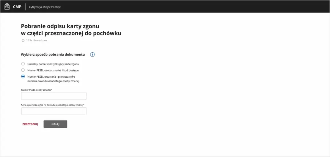 Formularz do pobrania odpisu karty zgonu. Wybierz, jak uzyskać duplikat karty zgonu: podając PESEL i serię dowodu zmarłej osoby.