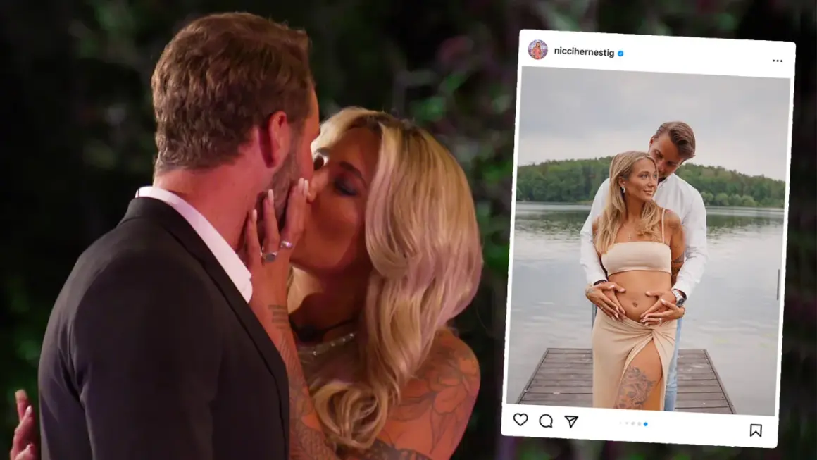 Nicci Hernestig från Love Island, gravid och lycklig med sin partner vid en sjö.