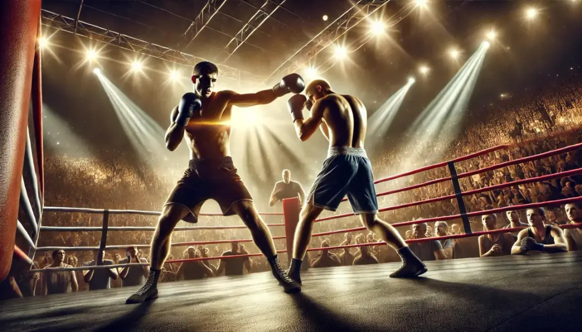 Two boxers clash in a dramatic, spotlight-lit ring. One throws a punch, his stance suggesting an unorthodox meaning in boxing, as a roaring crowd watches.