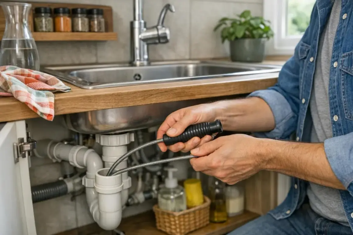 Un homme utilise un furet pour déboucher une canalisation sous un évier. Il manipule l'outil avec soin pour résoudre le problème.