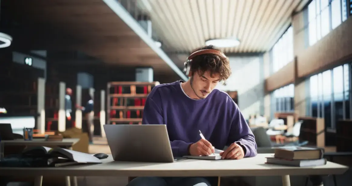 Junger Mann mit Kopfhörern lernt konzentriert in einer Bibliothek. Sein **online Studium Bayern** läuft gut.