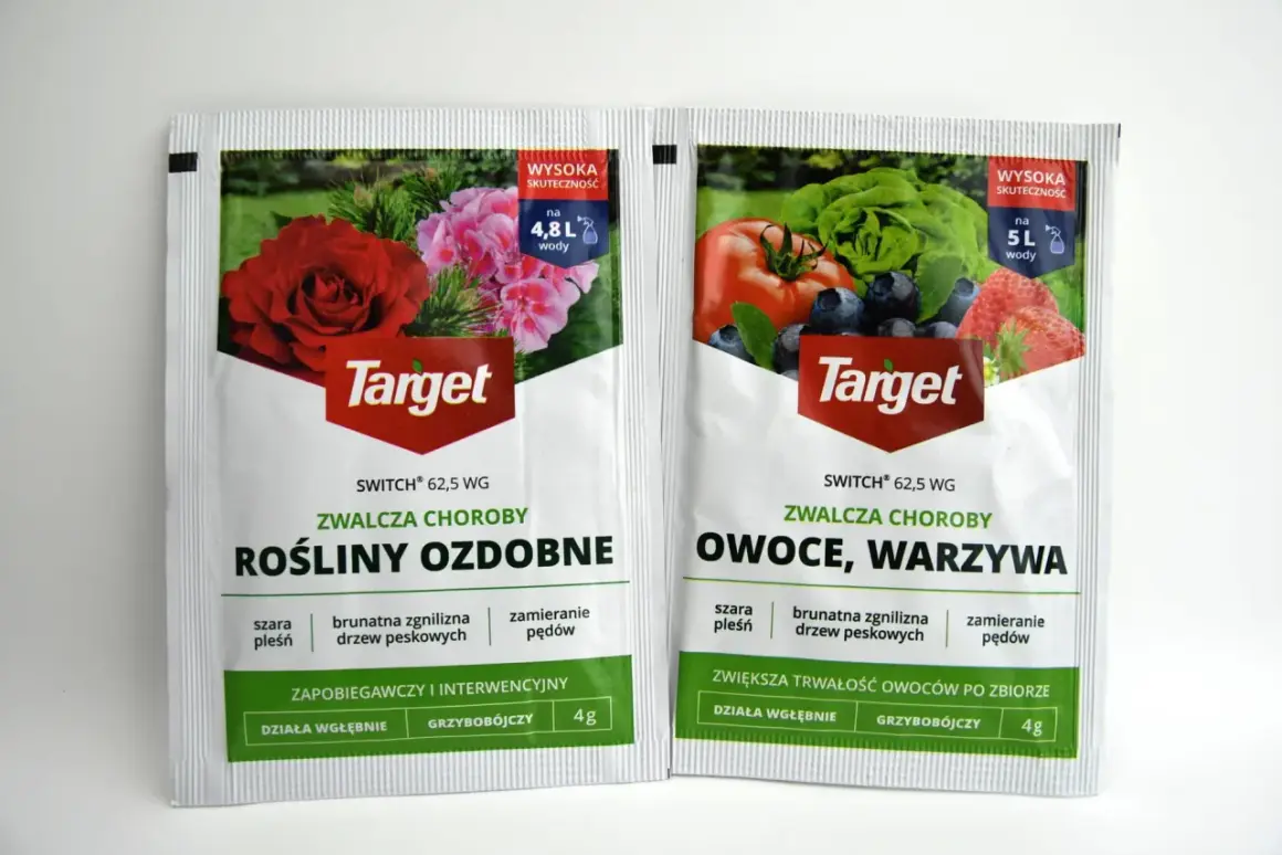 Opakowania fungicydu SWITCH 62,5 WG. Jedno na choroby roślin ozdobnych, drugie na owoce i warzywa. Stosować na 4,8-5L wody.