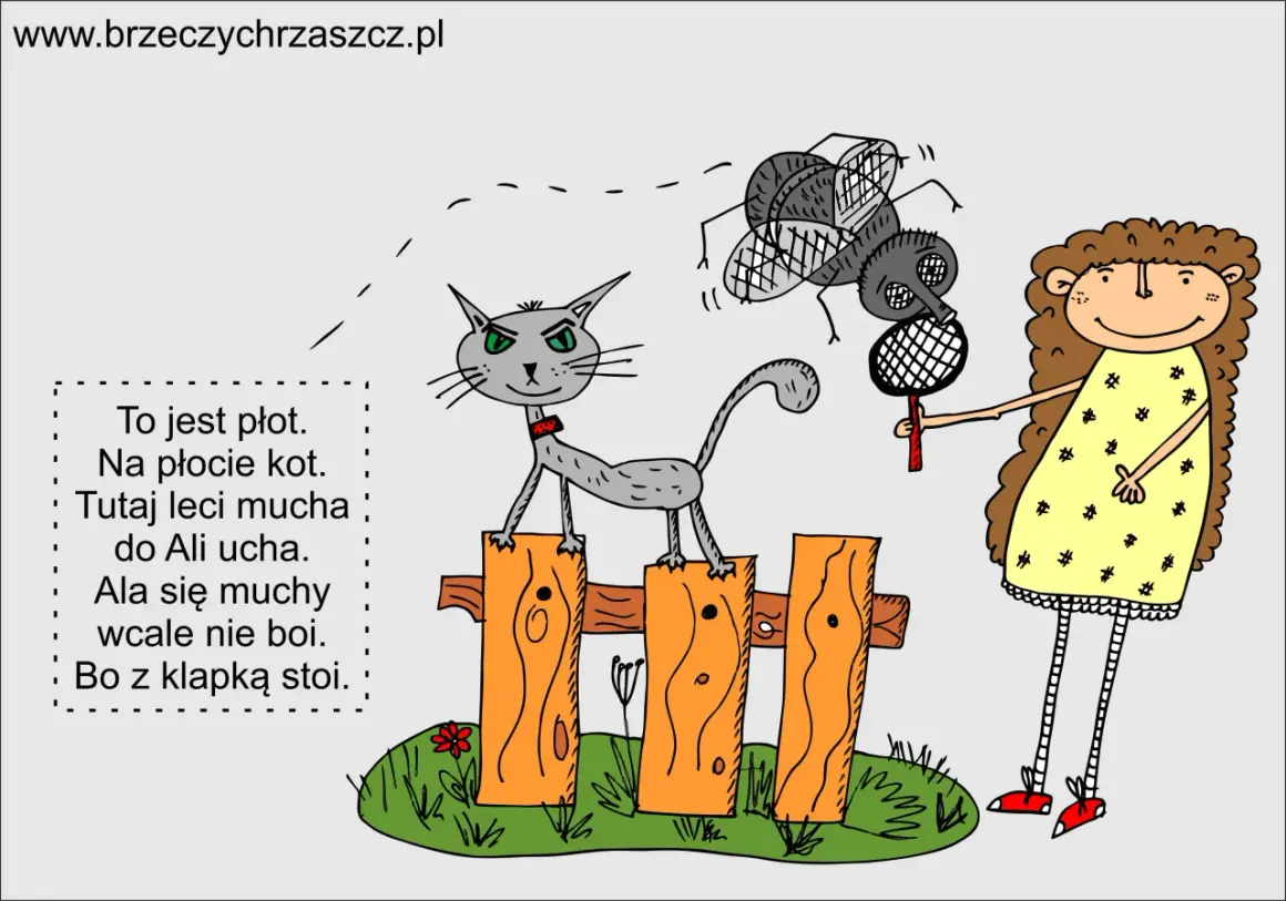 Kot na płocie, mucha leci do ucha Ali. Ala się muchy nie boi, bo z klapką stoi. Zabawne wierszyki o Zosi.