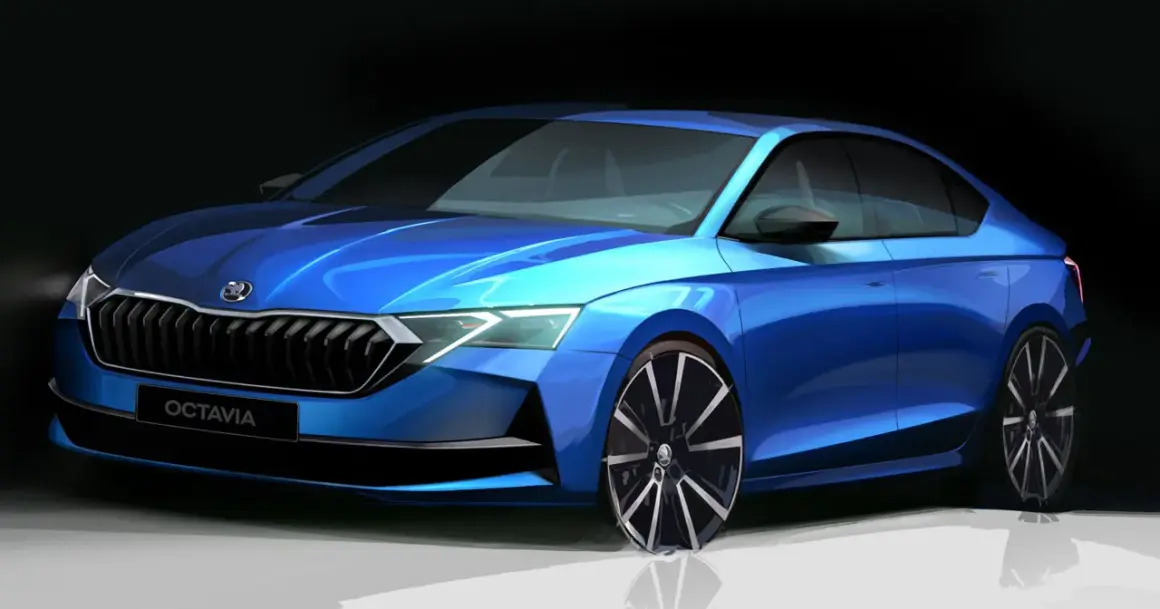 Niebieska Skoda Octavia w zbliżeniu, prezentująca nowy design przodu.