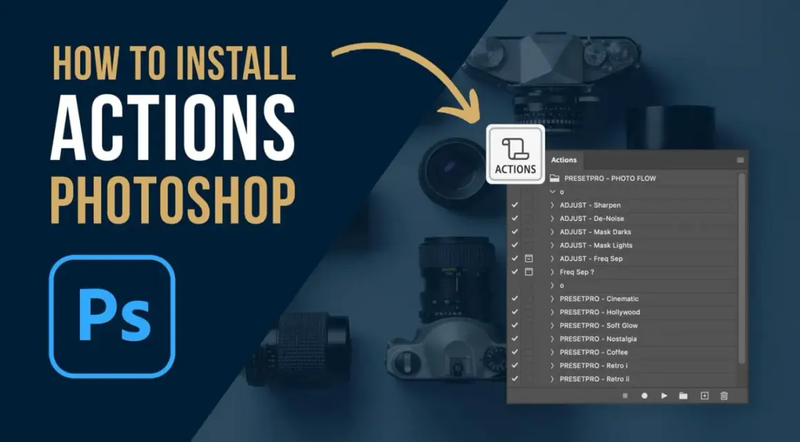 Learn how to install free Photoshop actions to enhance your photos. The image shows a Photoshop Actions panel with various presets.