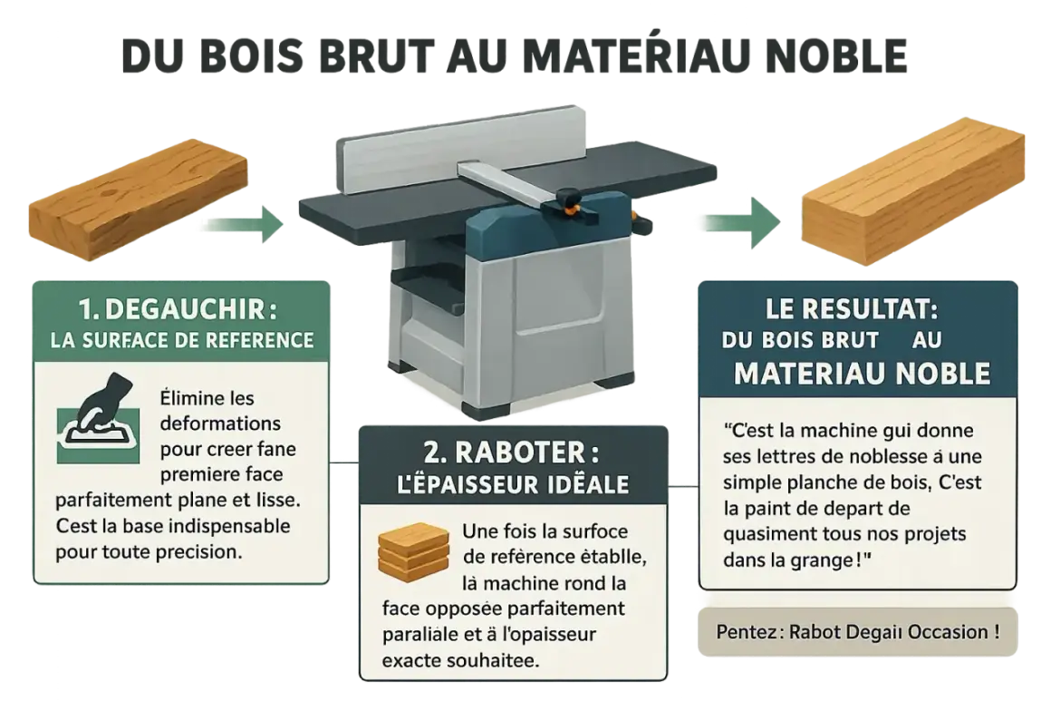 Illustration du processus de transformation du bois brut en matériau noble grâce à une dégauchisseuse raboteuse. Pensez : Rabot Dégau occasion !