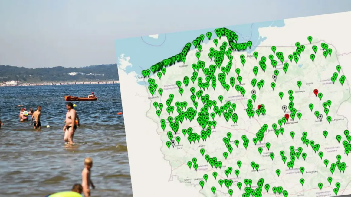 Ludzie kąpiący się w Bałtyku, obok mapa Polski z zaznaczonymi punktami, być może informującymi o występowaniu glonów w Bałtyku.
