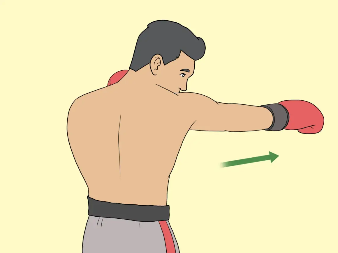 A boxer demonstrates how to roll their shoulders to evade a punch, with a green arrow indicating the direction of movement.