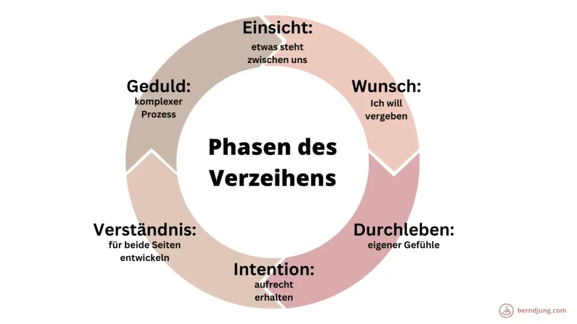Kreisdiagramm zeigt die Phasen des Verzeihens: Einsicht, Wunsch, Durchleben, Intention, Verständnis und Geduld. Es erklärt, warum ich nicht verzeihen kann, indem es die Komplexität des Prozesses aufzeigt.