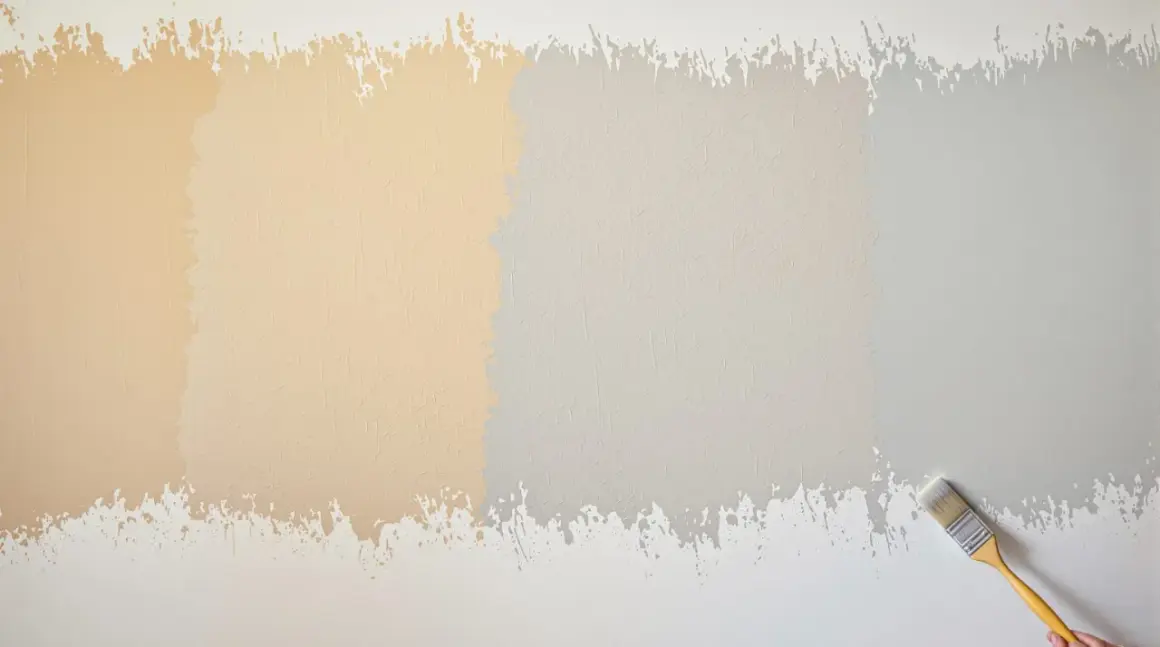 Échantillons de peinture sur un mur texturé, montrant 2 ou 3 couches de peinture dans des tons de beige et de gris. Un pinceau est visible à droite.