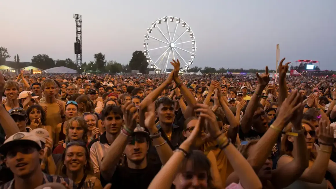 Menschen jubeln beim Highfield Festival Leipzig. Ein Riesenrad leuchtet im Hintergrund.