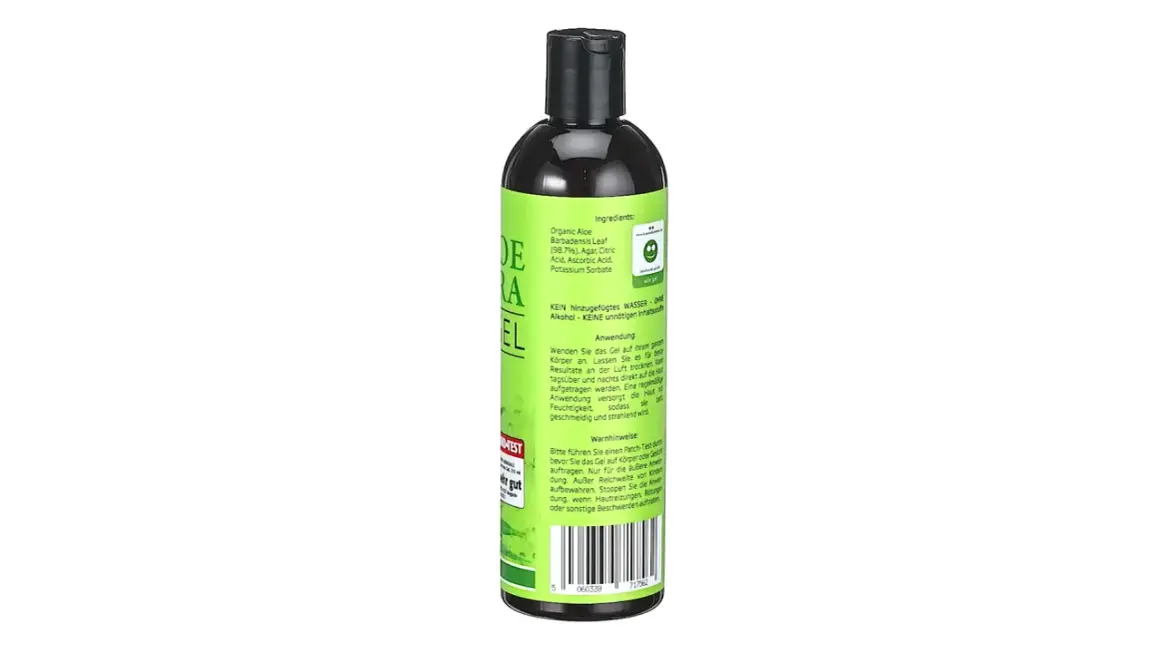 Flasche mit Aloe Vera Gel, ideal zum Kaufen für die Hautpflege. Ohne Wasser und Alkohol.
