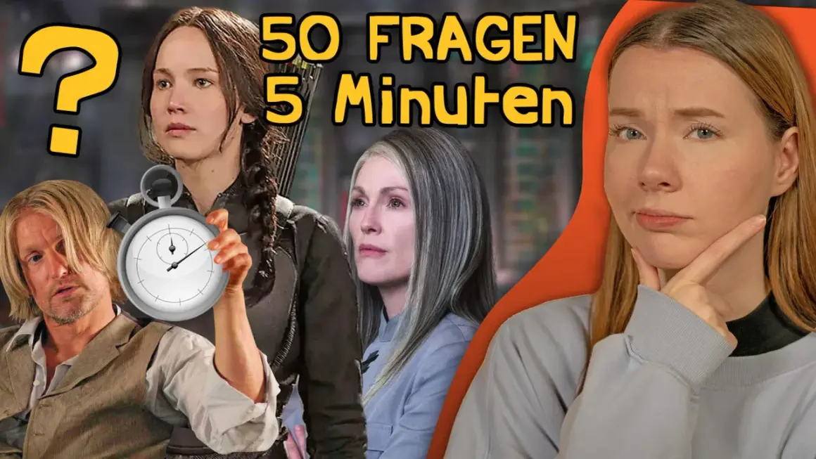 Die Besetzung von Die Tribute von Panem: Jennifer Lawrence, Woody Harrelson, Julianne Moore und eine nachdenkliche Frau. Ein Stoppuhr-Symbol deutet auf eine Zeitfrage hin.