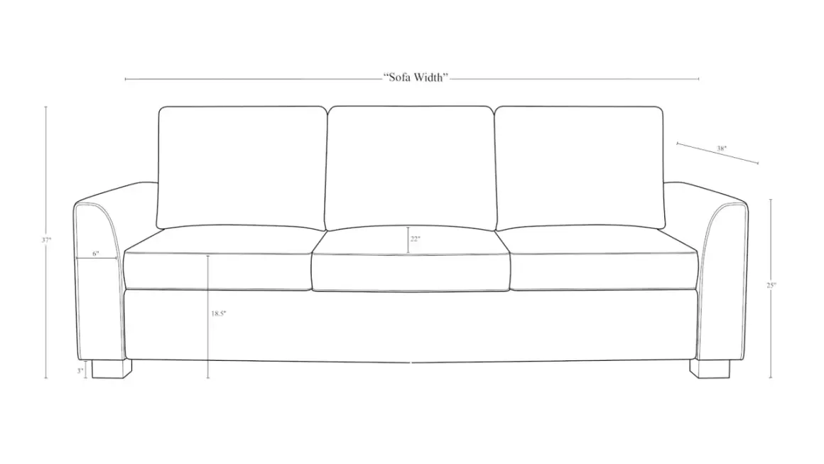Line drawing of a sofa with dimensions. Key couch dimensions shown: 37" height, 25" seat height, 22" seat depth, 38" arm height, and "Sofa Width".
