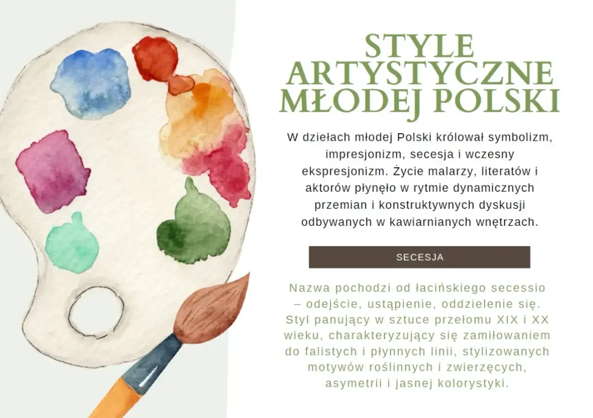 Paleta artysty z kolorami i pędzlem, symbolizująca styl Młodej Polski, gdzie dekadentyzm i secesja splatały się z życiem artystycznym.