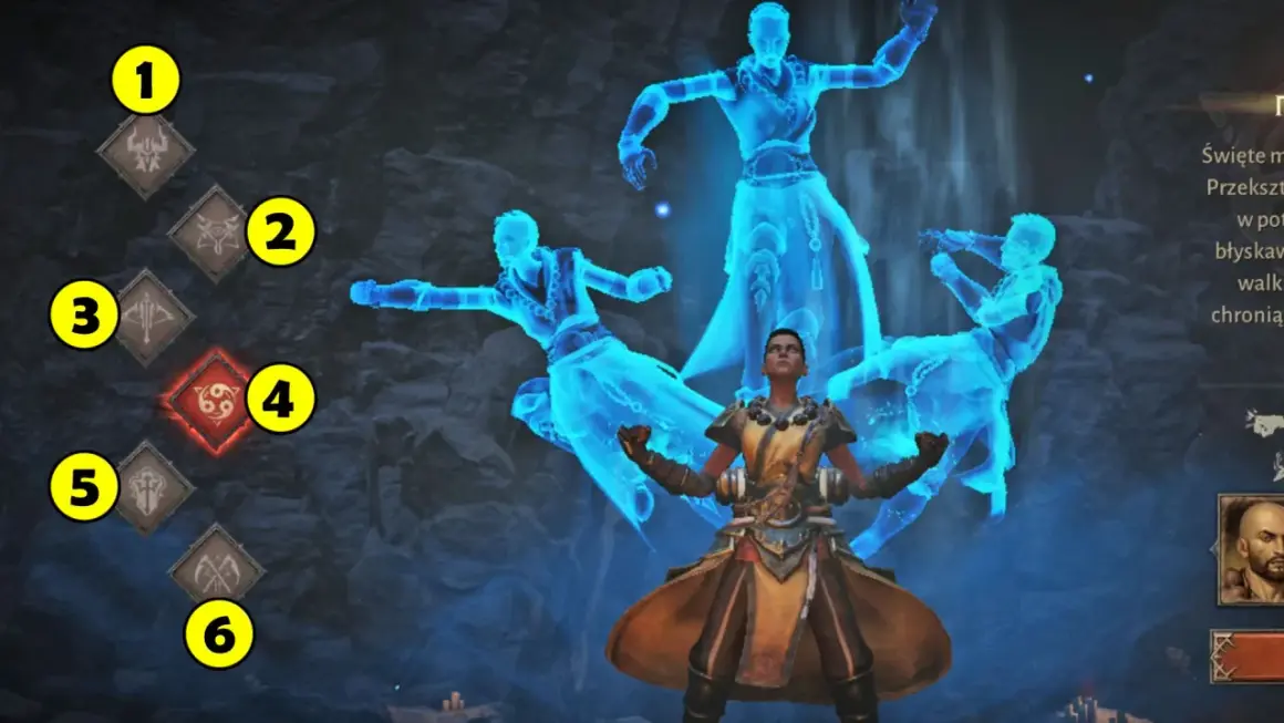 Wybór diablo immortal postacie: wojownik otoczony przez swoje duchowe wcielenia, z numerowanymi ikonami umiejętności.