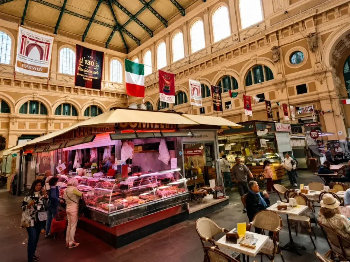 Interno di un vivace mercato delle vettovaglie, con banchi di carne, prodotti freschi e persone che fanno acquisti.
