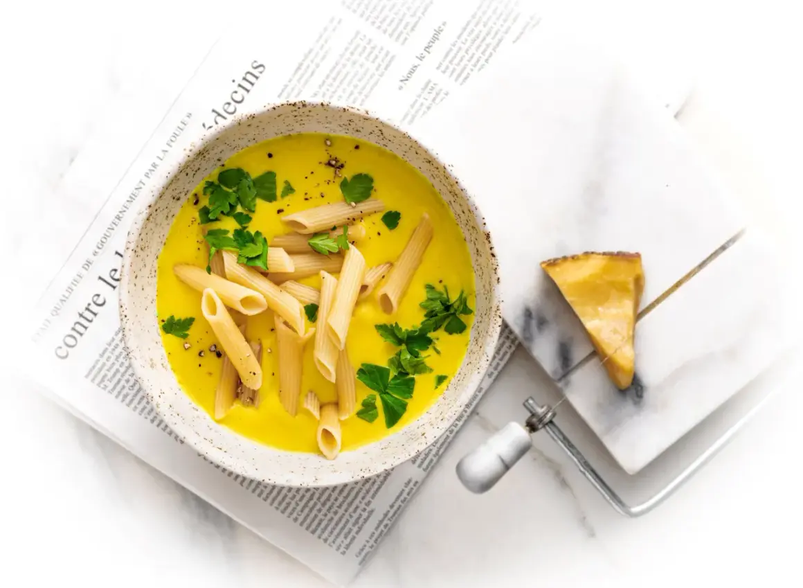 Zupa neapolitańska z makaronem penne i natką pietruszki, podana na gazecie. Obok kawałek sera i serownik.
