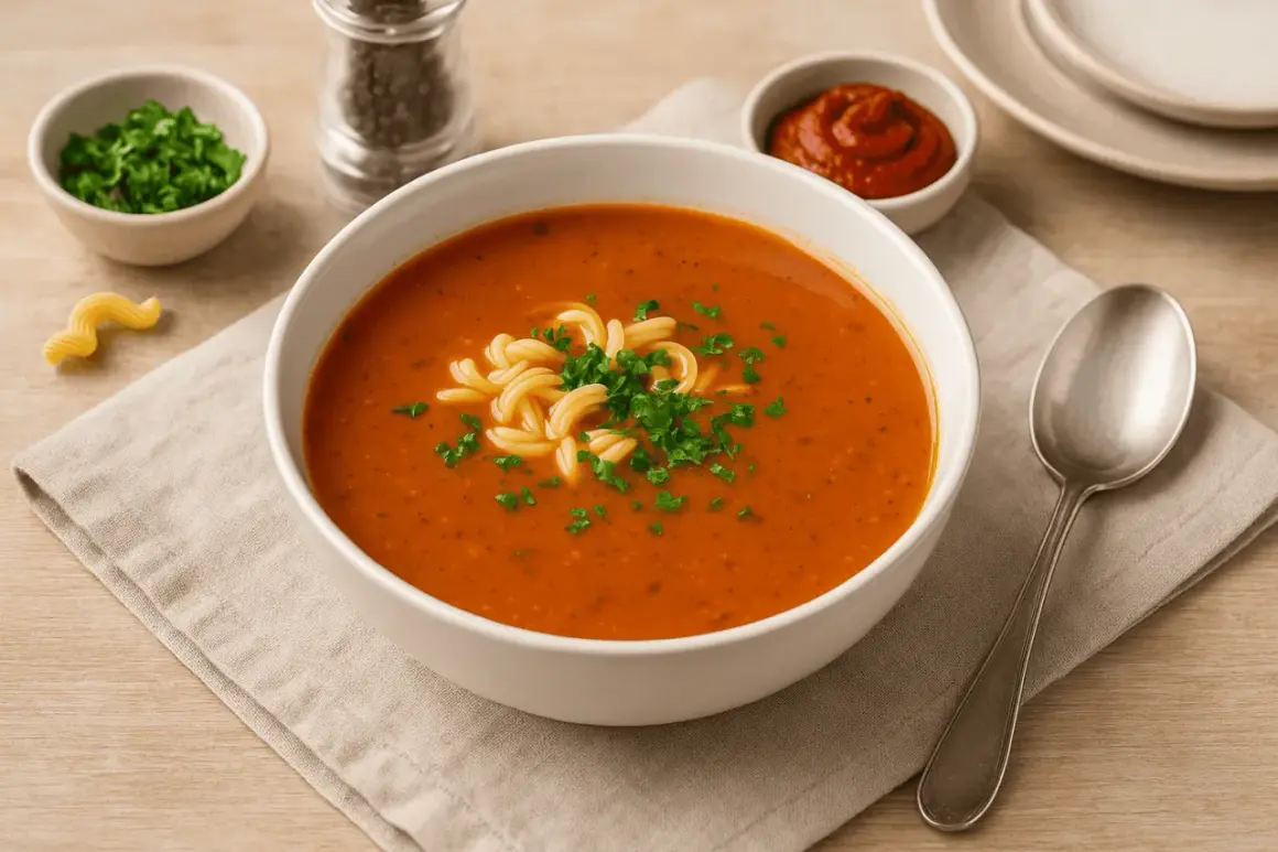 Aromaticzna zupa pomidorowa z koncentratu, udekorowana makaronem i natką pietruszki, gotowa do podania.