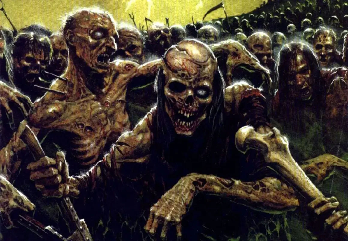Przerażająca horda ludzi zombie, z rozkładającymi się ciałami i pustymi oczami, zbliża się w mroku.