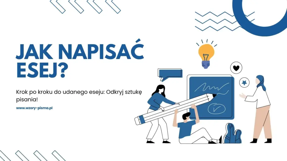 Jak napisać esej? Ilustracja pokazuje ludzi tworzących tekst, symbolizując proces pisania.