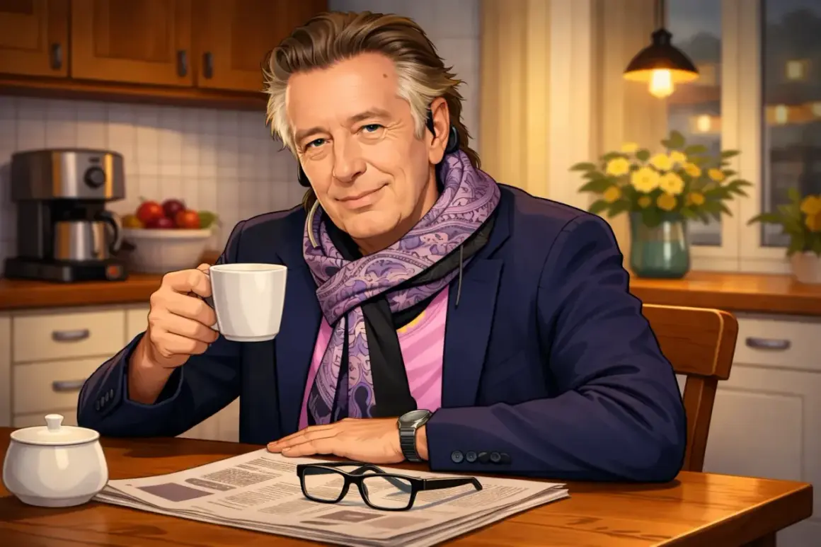 Tommy Berggren sitter vid ett köksbord med en kaffekopp och tidning.