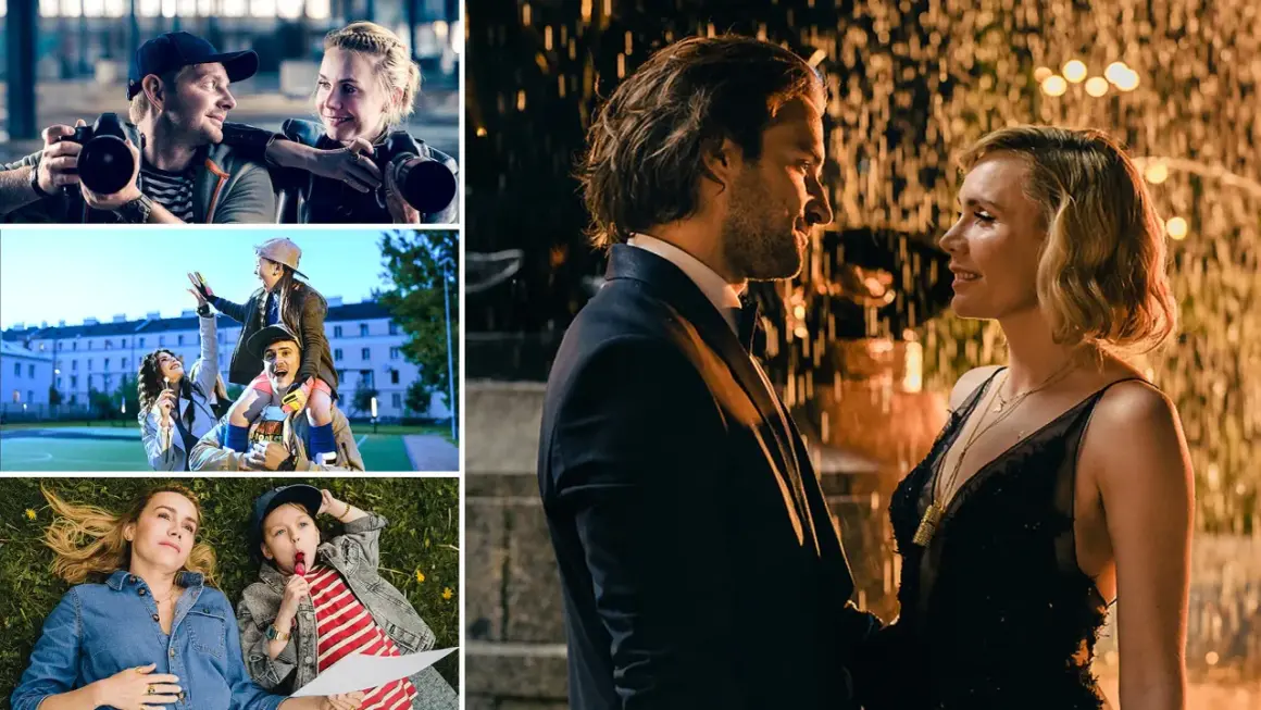 Miłość na pierwszą stronę: para z aparatem, rodzina na placu zabaw, matka z dzieckiem na trawie i romantyczny wieczór we dwoje.