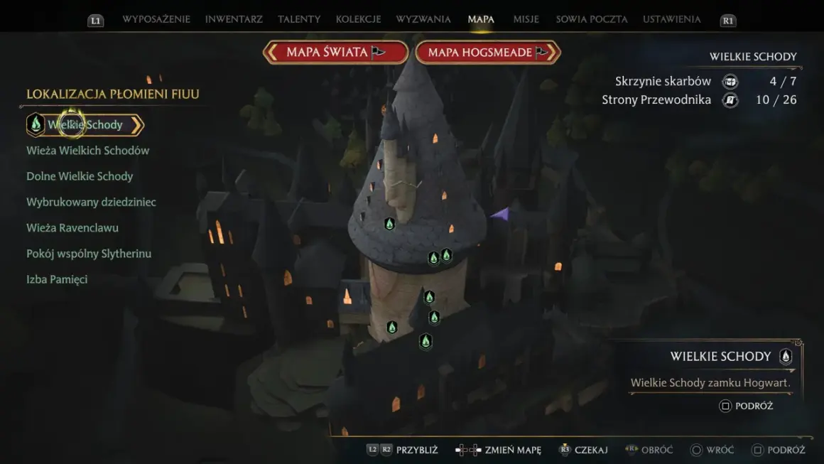 Mapa Hogwartu z gry Hogwarts Legacy. Widok na Wielkie Schody, gdzie odkrywasz tajemnice zamku.