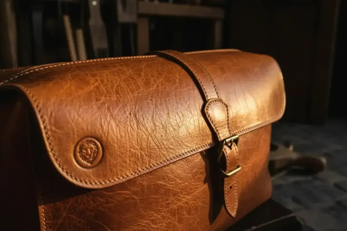 Sacoche en cuir brun, patiné par le temps, avec un fermoir et un logo lion gravé. Le cuir, c'est la qualité qui traverse les âges.