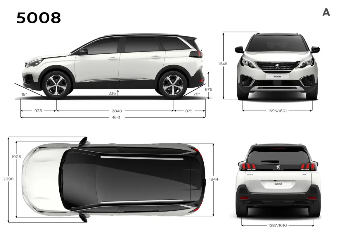 Peugeot 5008 wymiary: długość 4641 mm, szerokość 1844 mm, wysokość 1646 mm. Widok z boku, przodu, tyłu i z góry.