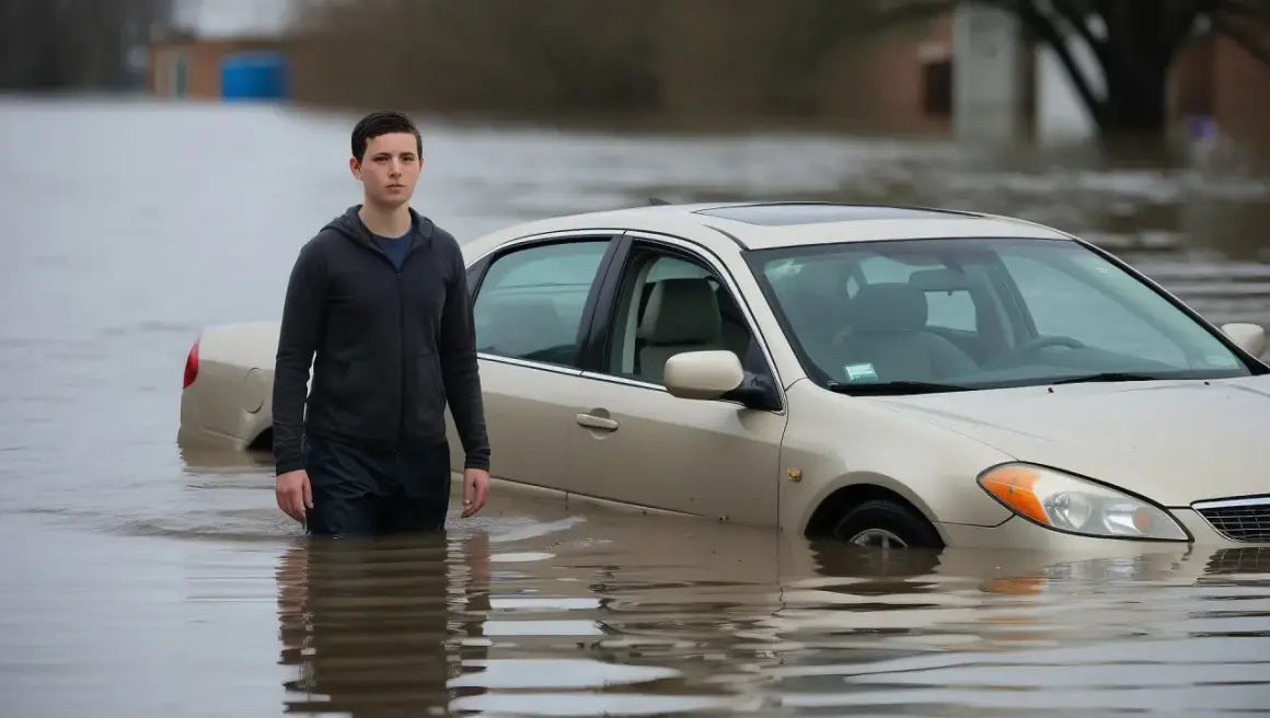 Młody mężczyzna stoi w wodzie obok swojego beżowego sedana. Niestety, kupiłem auto po powodzi, a teraz stoi ono zanurzone po drzwi.