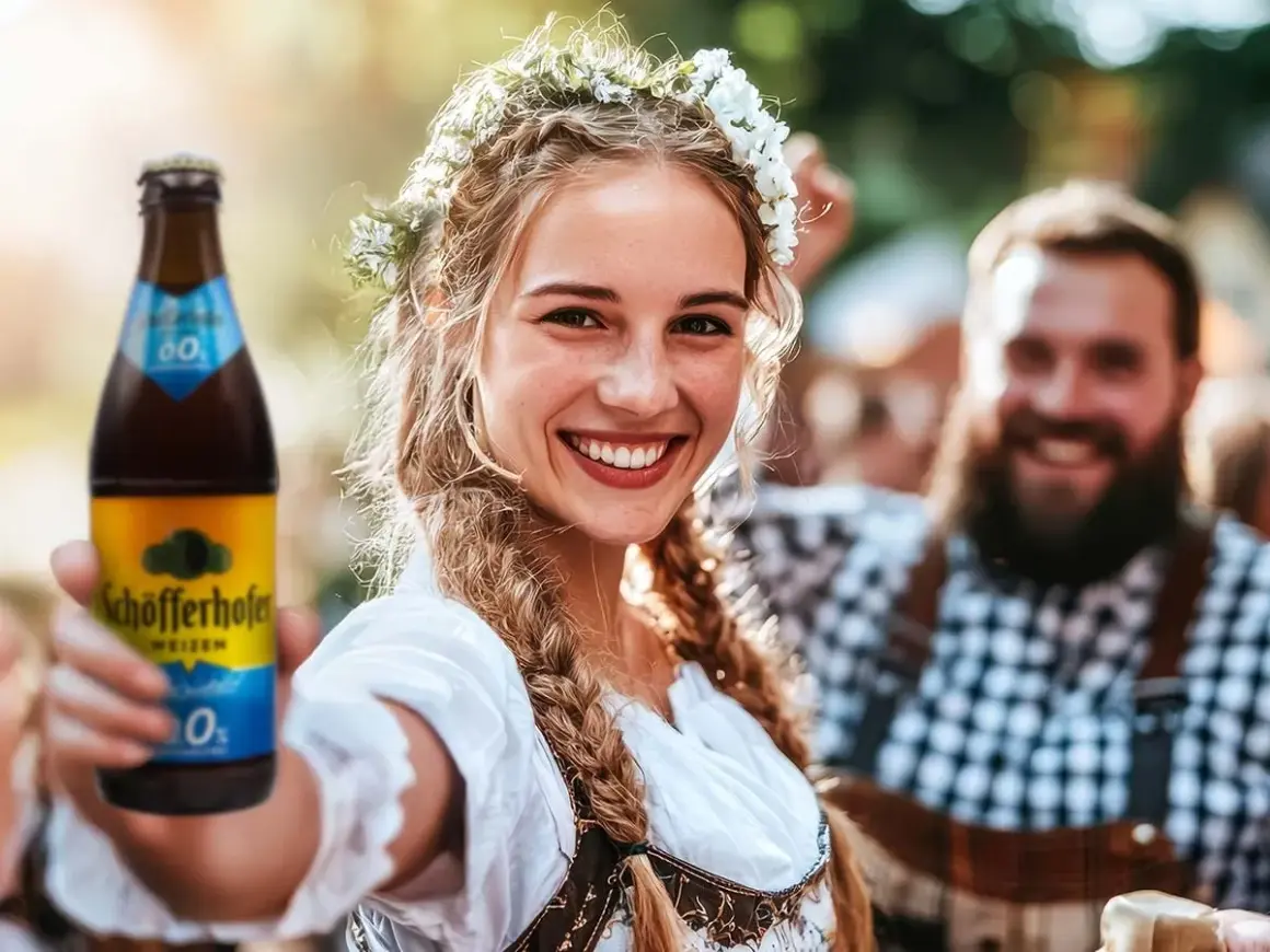 Uśmiechnięta dziewczyna w wianku z kwiatów trzyma butelkę Schöfferhofer Weizen, oferując to dobre niemieckie piwo. W tle widać radosnych ludzi.