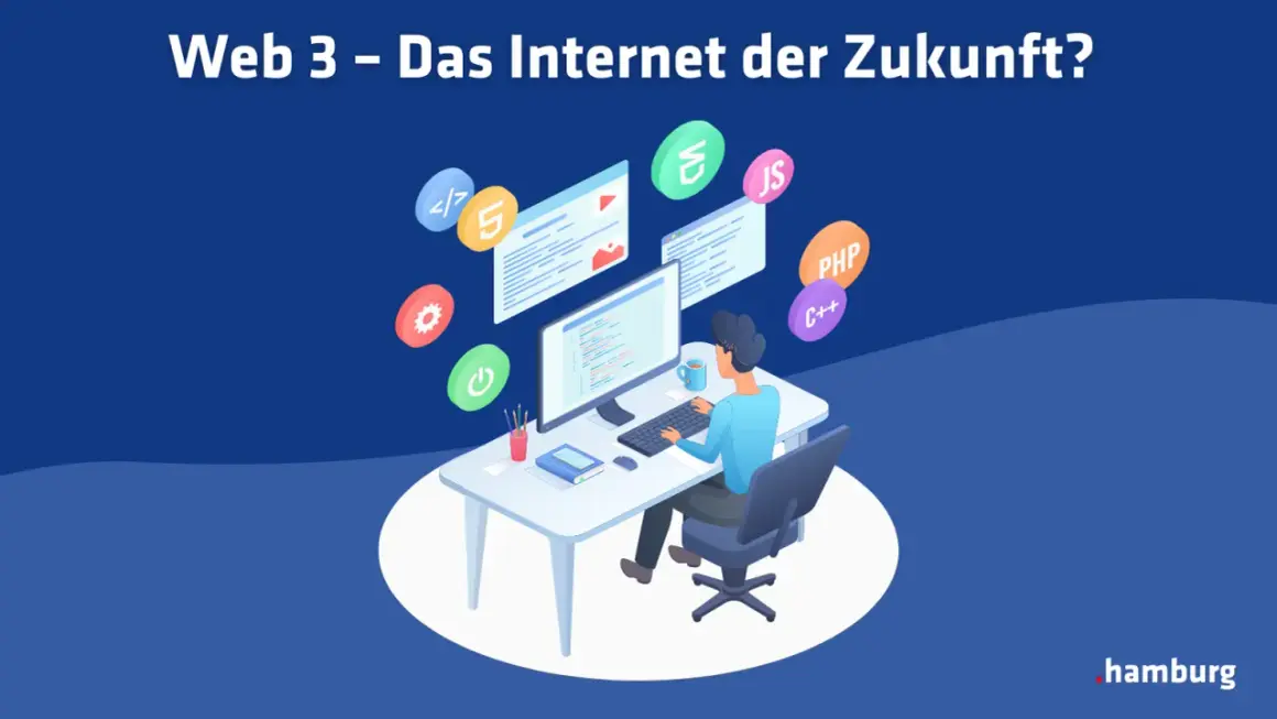 Ein Entwickler arbeitet am Computer, um die Zukunft des Internets, Web3, zu gestalten. Icons für Programmierung und Technologien schweben um ihn herum.