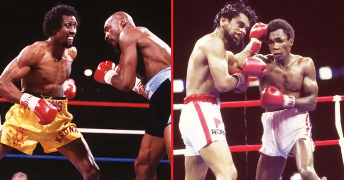 Sugar Ray Leonard in action, showcasing some of his best fights. Two iconic boxing matchups are shown side-by-side.