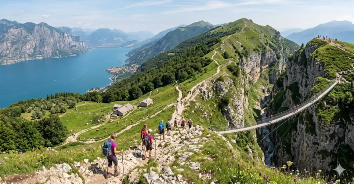 Sentiero panoramico tra i monti dell'Umbria, con escursionisti che attraversano un ponte sospeso su un profondo canyon.