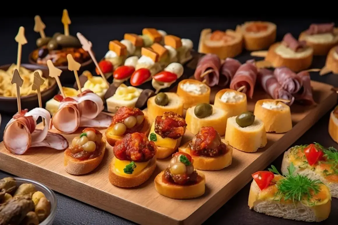 Pyszne pinchos na desce: mini kanapki z wędliną, serem, oliwkami i pomidorkami. Idealne na przyjęcie!