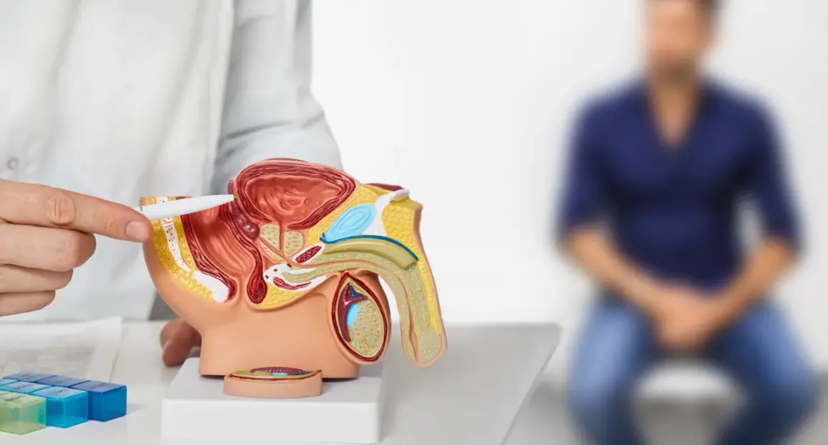 Ärztliche Aufklärung über die Prostata-Operation bei Prostatakrebs. Ein Modell zeigt die Anatomie, während ein Mann im Hintergrund wartet.