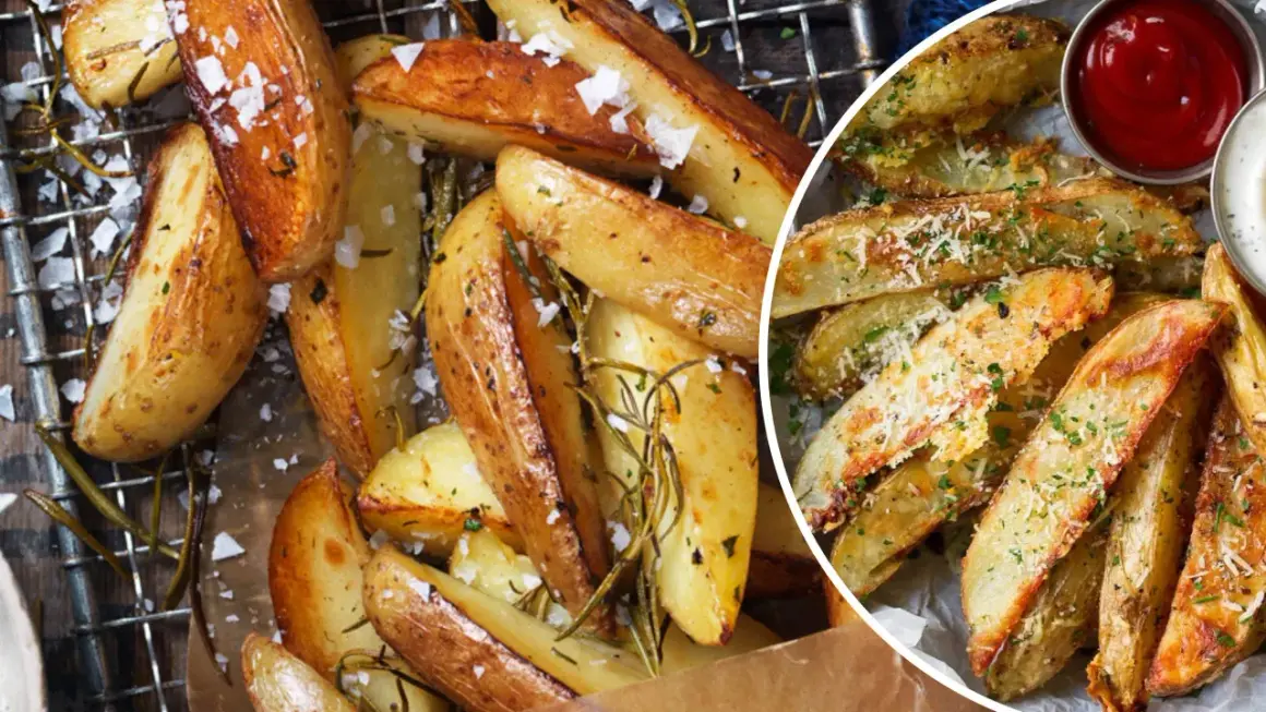 Krispiga klyftpotatis i ugn, strösslade med flingsalt och rosmarin. En del är toppade med parmesan och persilja.