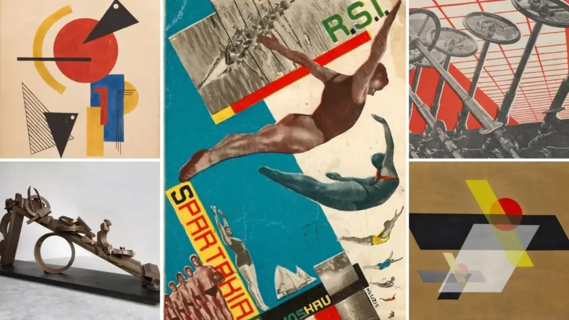 A collage of constructivism art, featuring abstract shapes, divers in mid-air, and industrial elements.