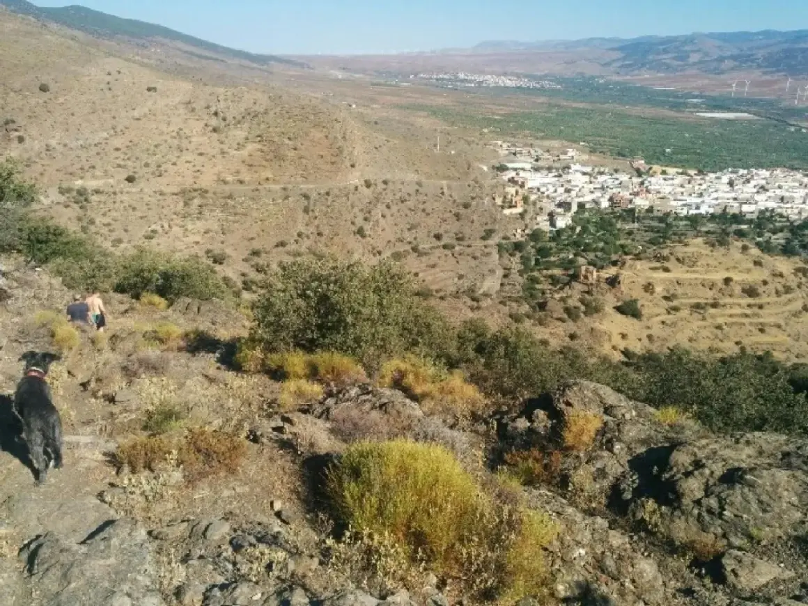 Un perro negro y una persona disfrutan de la vista de la jirola abrucena, un pueblo blanco en un valle árido.