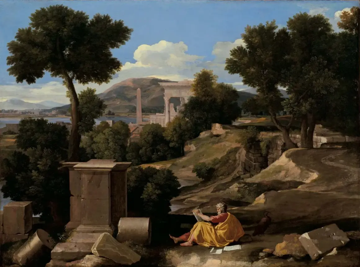 A lone figure in a yellow robe reads amidst ancient ruins, a scene evoking the contemplative spirit of baroque artists.