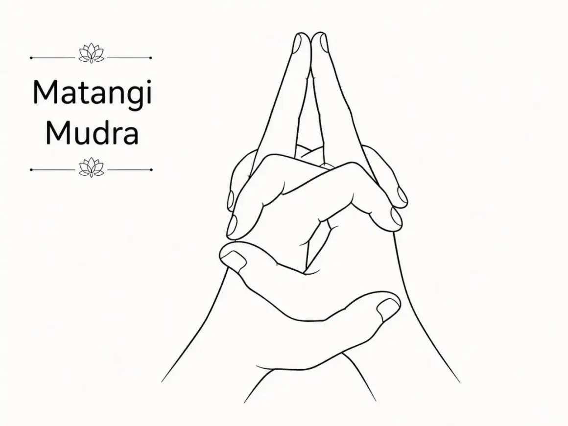 Manos entrelazadas formando el Matangi Mudra, con los dedos índice y medio apuntando hacia arriba.