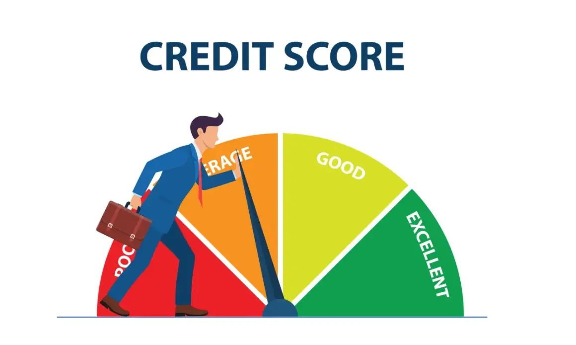 Mężczyzna z teczką przesuwa wskaźnik na skali "Credit Score" z "Poor" w stronę "Excellent". Dowiedz się, jak poprawić scoring BIK.