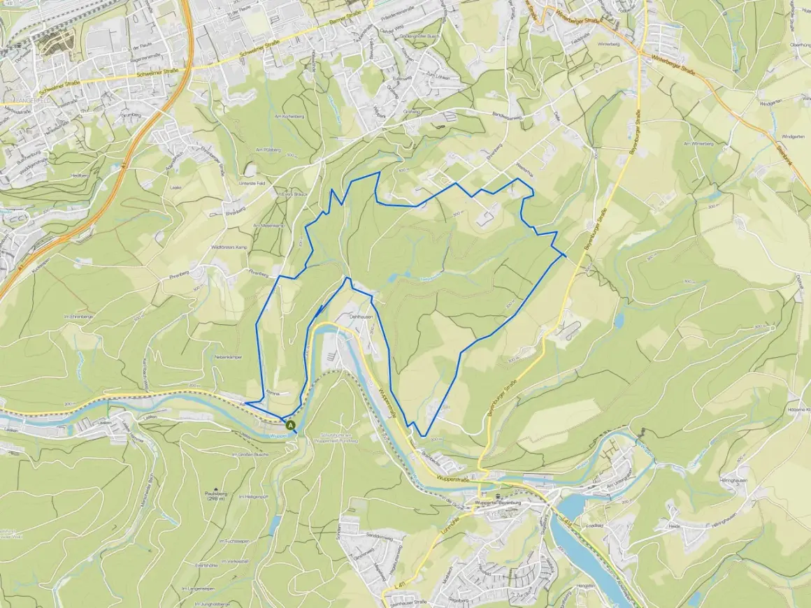 Karte mit markierten **leichte wanderwege wuppertal** entlang der Wupper und durch bewaldete Hügel.