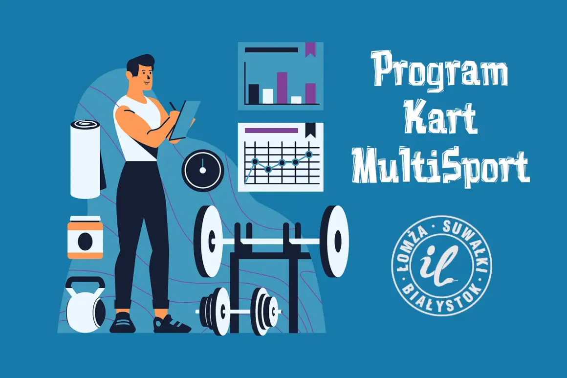 Ilustracja pokazuje, jak założyć kartę Multisport. Mężczyzna z notatnikiem, sprzęt do ćwiczeń i wykresy.