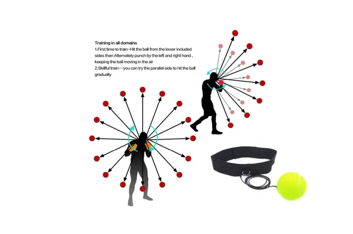 Diagrams illustrate reflex ball training with silhouettes of boxers and a tennis ball on a string, showing how to improve hand-eye coordination.