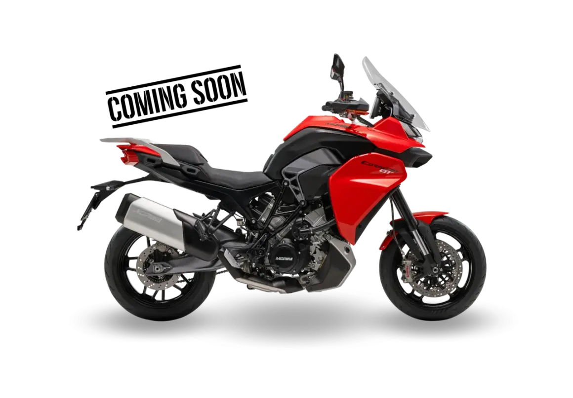 La nueva moto Morini Corsaro Sport, en rojo vibrante, lista para la aventura.